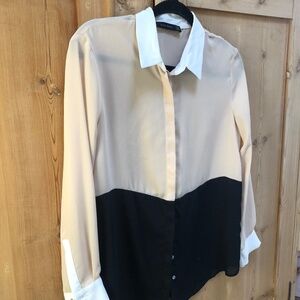ZARA BASIC Color Block  Black Tan White Blouse Size Small